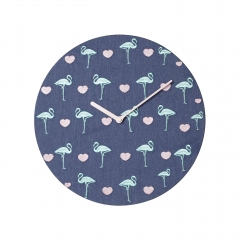 MDF quartz wall clock with flamingo graphic on the fabric dial